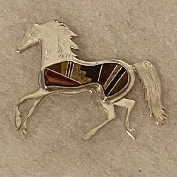 P. BECENTI CALVIN BEGAY NAVAJO BROOCH STERLING SILVER MULTI STONE INLAY HORSE - Picture 3 of 15
